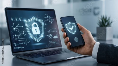 Digital security concept showing a laptop and smartphone with shield and lock icons