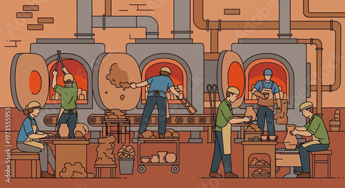 Glassblowing Factory Workers Crafting Molten Glass.