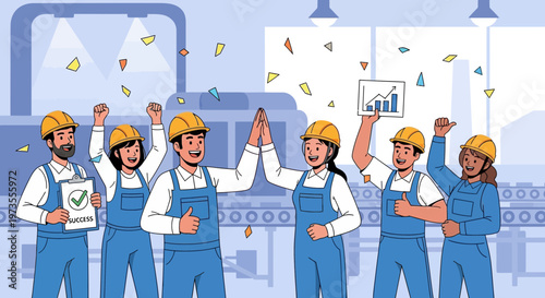 Happy factory workers celebrating success and profits.