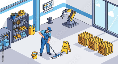 Industrial cleaner mopping floor with caution sign.