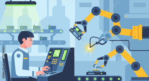 Man operating advanced robotic arms in a modern factory setting.