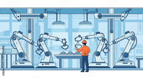 Man Supervising Robotic Arms in a Modern Factory Setting.