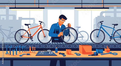 Man working on bicycle assembly line in factory.