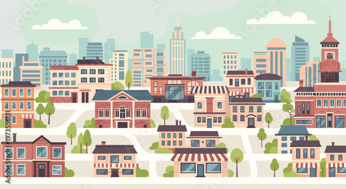 A clean, colorful illustration of row houses evokes a sense of community and belonging. Perfect for website design, real estate marketing, or urban pl