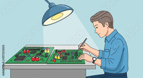 Man working on electronic circuit boards under a lamp.