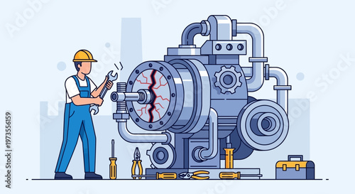 Mechanic working on large industrial machine with tools.