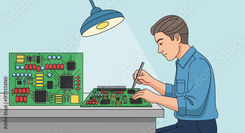 Man working on electronic circuit board with soldering iron.