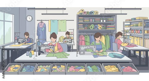 People working in a textile factory sewing clothes.