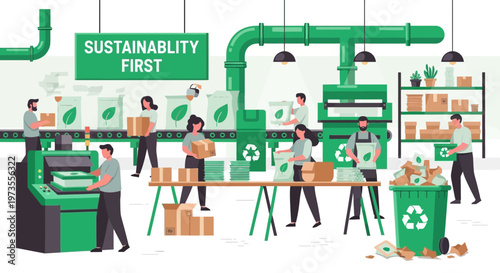 People working in a sustainable factory processing recycled materials.