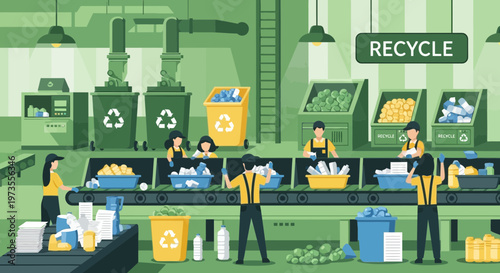 Recycling plant workers sorting materials on conveyor belt.