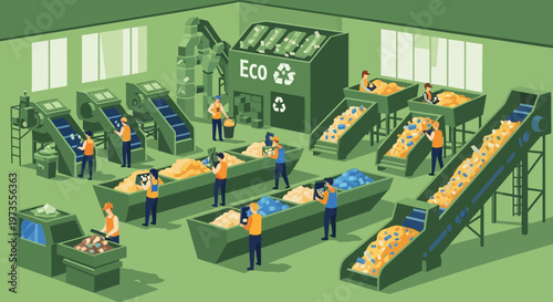 Recycling plant with workers sorting materials on conveyor belts.