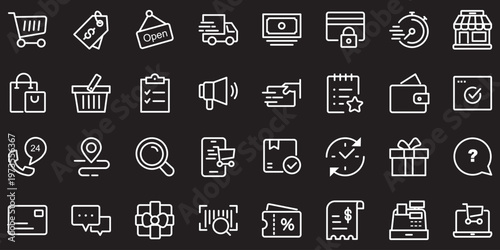 E-commerce icon set. Online shopping, courier, wallet, barcode, price tag, sale, location, rating, hangers, package, gift box, refund, tracking, consumer, etc. Vector illustration. Editable stroke.