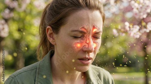Distressed young woman outdoors, suffering from painful sinusitis and inflammation, exacerbated by springtime seasonal hay fever and pollen allergies