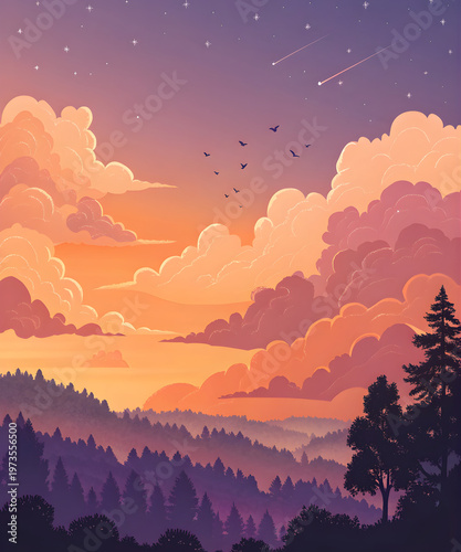 Dreamy sunset sky over layered mountains with clouds and birds, serene landscape illustration for wallpapers, posters, travel, relaxation, nature themes, backgrounds