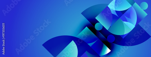 Abstract blue shapes overlap, creating dynamic composition. Gradient shades suggest depth, modern design aesthetic.