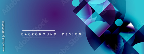 Abstract geometric shapes blend vibrant blues, purples. Modern design evokes energy, movement, depth. Minimalist text complements visual elements.