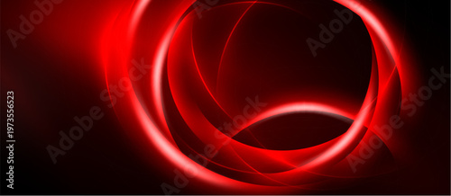 Abstract red swirls, glowing lines, dark background. Dynamic composition creates energetic visual impact. Minimalist design.