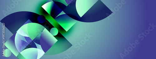 Abstract composition features vibrant blue, green shapes. Geometric forms overlap, creating dynamic visual effect. Modern design, smooth gradients present.