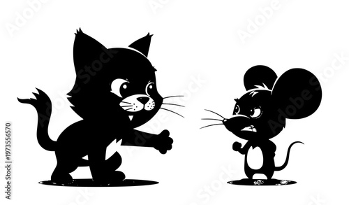 Funny cat and mouse rivalry cartoon vector cute animal enemies illustration isolated on white