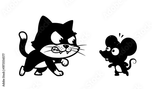 Cute cat versus mouse cartoon characters funny rivalry vector isolated on white background