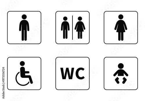Simple restroom WC toilet icons for public and private use. Clean design fits any signage or digital display. Icons show gender, accessibility, and children's facilities. No people or animals depicted
