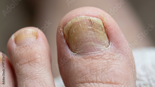 close up of a person's toe with a fungal infection on the toenail and cracked skin