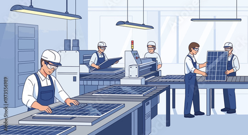 Solar Panel Manufacturing Process Workers Assembling Photovoltaic Modules.