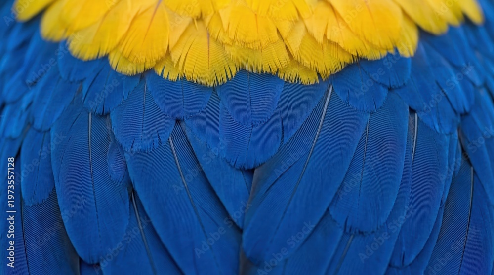 Fototapeta premium Close-up of vibrant blue and yellow parrot feathers