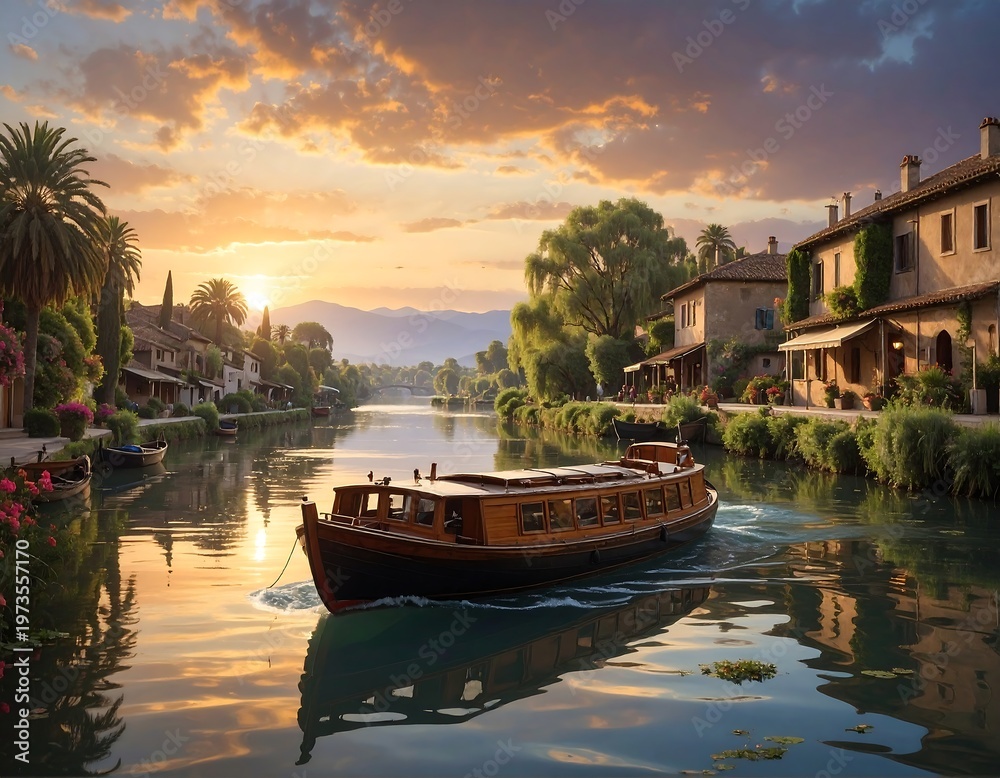 Obraz premium A serene canal scene at sunset with a boat