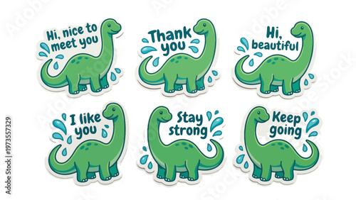 Cute Green Dinosaur Sticker Set with Motivational Phrases