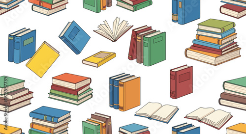 Books and Book Stacks Vector Illustration Set with Open and Closed Books Educational Literature Collection Isolated on Background