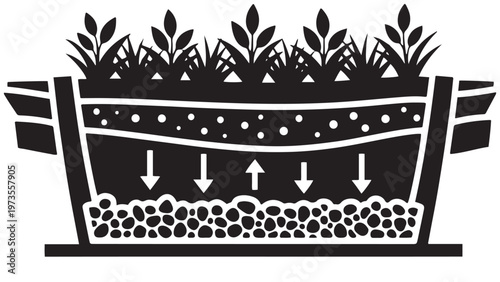 Self-watering planter system diagram illustrating water flow and layered soil structure for efficient plant growth and irrigation technology.
