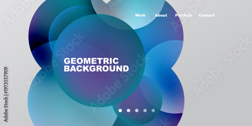 Abstract design features overlapping circles. Blue, purple hues dominate dark background. Text includes work, about, portfolio, contact.