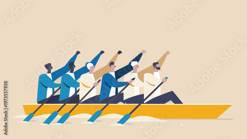 Teamwork, business team, rowing boat, collaboration, vector illustration, teamwork concept, business partnership, rowing team, yellow boat, blue oars