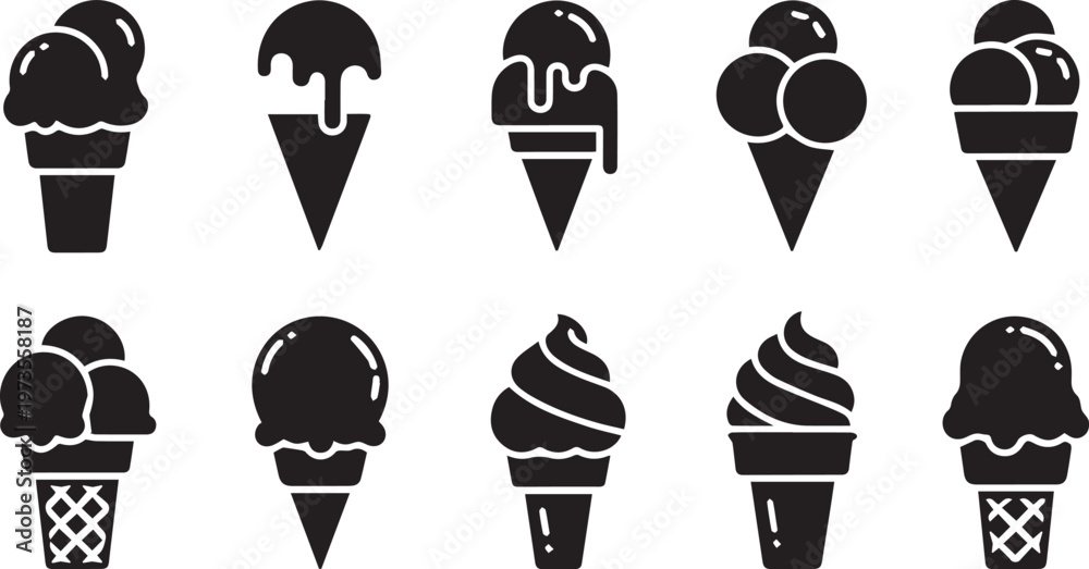 Fototapeta premium Ice Cream Cone Icon Set - Summer Dessert Vector Silhouettes