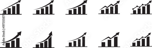 Arrow graph growth rise icon set in clean line style, scalable vector EPS for business analytics UI.