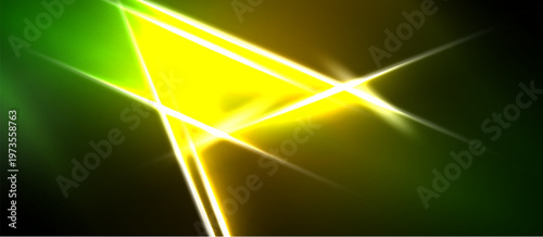 Abstract design features bright yellow, green lines intersecting. Dark background emphasizes luminous shapes, creating dynamic visual effect.