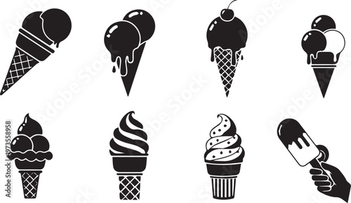 Ice Cream Cone Icon Set - Dessert Silhouette Vector Graphics