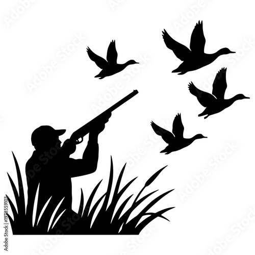 Striking silhouette vector illustration of a waterfowl hunter, concealed within tall marsh grass, expertly aiming a shotgun at a group of four ducks in swift flight.