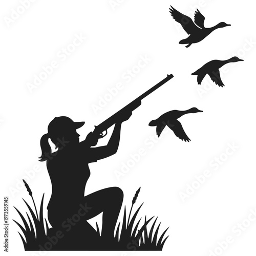 Woman hunter aiming her shotgun at flying ducks while kneeling in tall grass during an outdoor activity in the field on a sunny autumn day