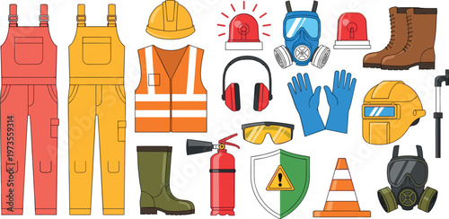 Collection of Construction Safety Equipment Including Overalls Helmet Gloves Goggles Mask Boots and Fire Extinguisher for Industrial Workplace Protection Design