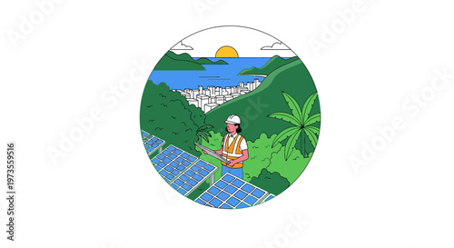 Worker in hard hat and vest inspecting solar panels in a tropical landscape with a town and ocean in the background