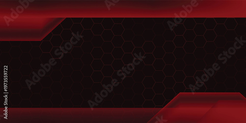 Modern abstract red technology background with a hexagonal pattern and layered geometric shapes. The design features a dark red gradient combined with glowing edges and smooth shadows