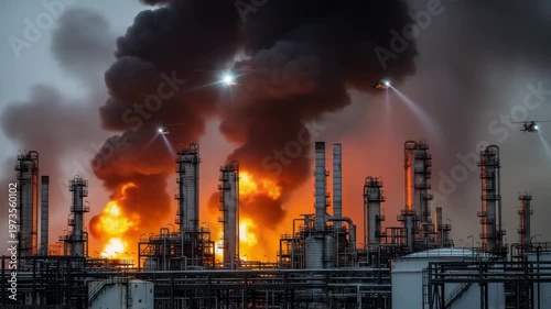 Helicopters work to control flames at an industrial site with smoke filling the sky at night