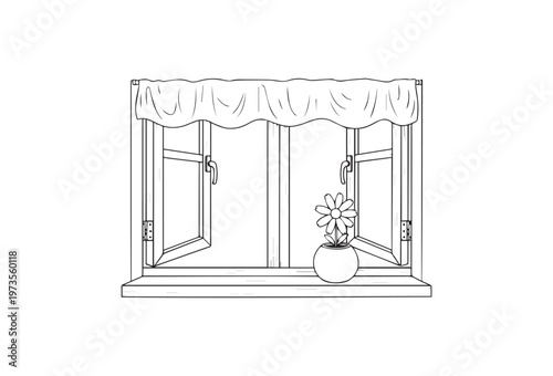Vector window with flower pot, line art illustration, home decor, interior design element, black and white