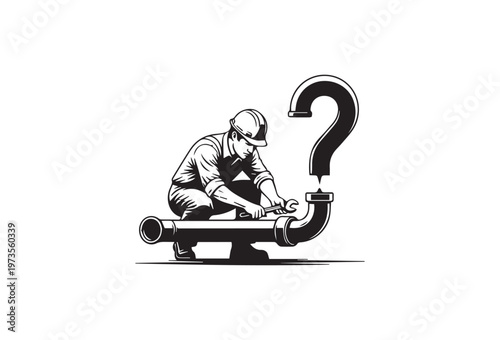 Plumber, question mark, pipe repair, black and white vector, plumbing concept, question