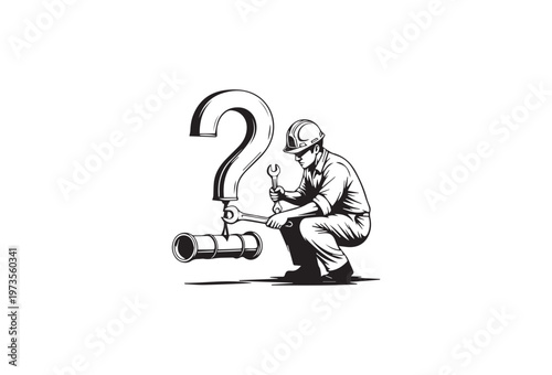 A 3D character personifies a business concept by standing with red question mark and exclamation mark symbols to represent a search for an abstract idea or help with a problem solution