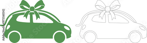A green car with a bow on top and a line drawing of a car with a bow