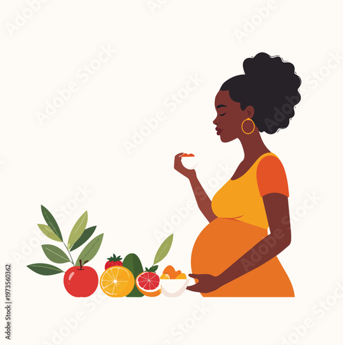 Pregnant black woman eating fresh fruits and healthy food for nutrition vector.