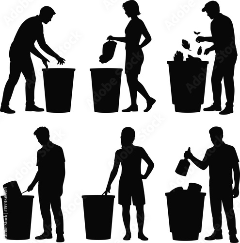 Six people in black silhouettes interacting with large black trash bins outdoors desi